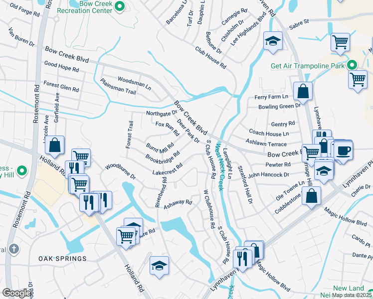 map of restaurants, bars, coffee shops, grocery stores, and more near 3213 Brookbridge Road in Virginia Beach