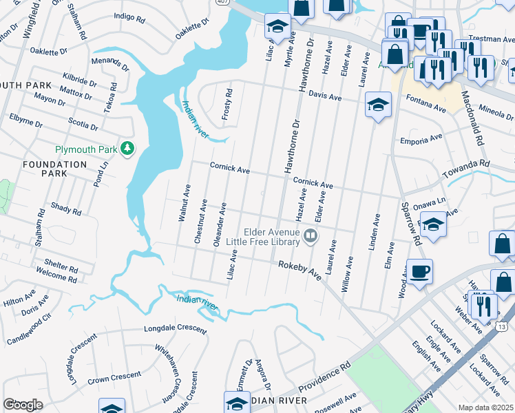 map of restaurants, bars, coffee shops, grocery stores, and more near 1423 Myrtle Avenue in Chesapeake