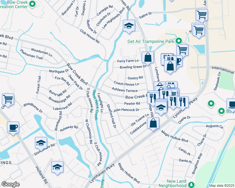 map of restaurants, bars, coffee shops, grocery stores, and more near 3076 Bow Creek Boulevard in Virginia Beach