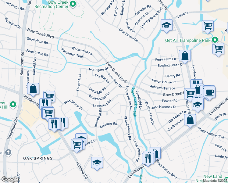 map of restaurants, bars, coffee shops, grocery stores, and more near 3213 Brookbridge Road in Virginia Beach