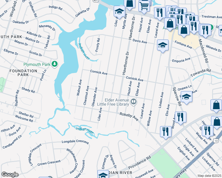 map of restaurants, bars, coffee shops, grocery stores, and more near 1423 Myrtle Avenue in Chesapeake