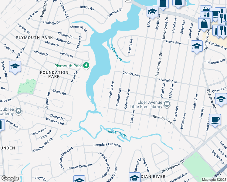 map of restaurants, bars, coffee shops, grocery stores, and more near 1500 Walnut Avenue in Chesapeake