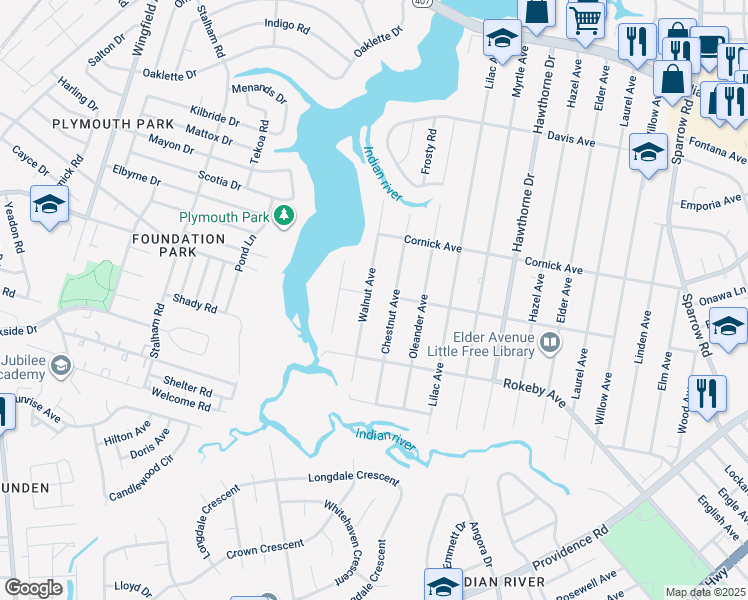 map of restaurants, bars, coffee shops, grocery stores, and more near 1500 Walnut Avenue in Chesapeake