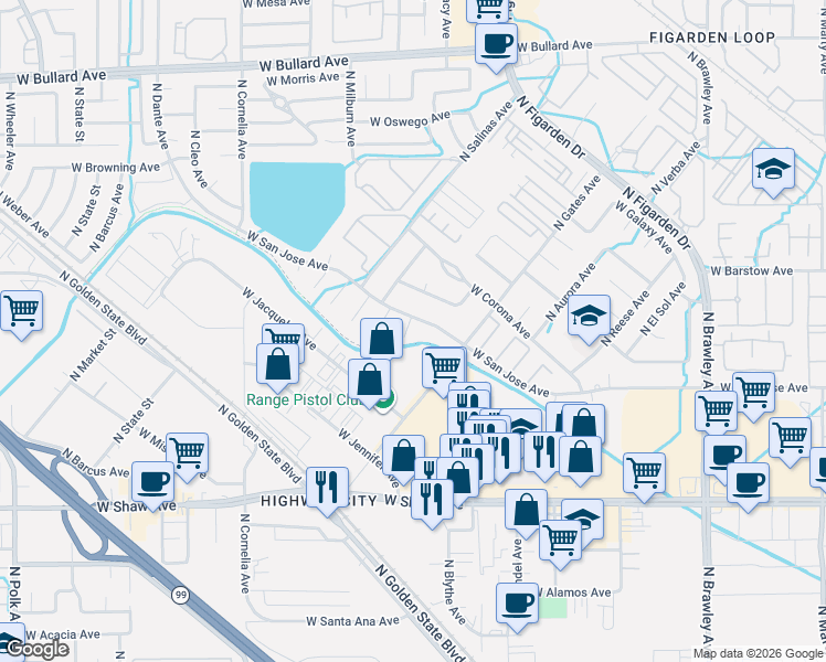 map of restaurants, bars, coffee shops, grocery stores, and more near 5306 North Carlsbad Avenue in Fresno