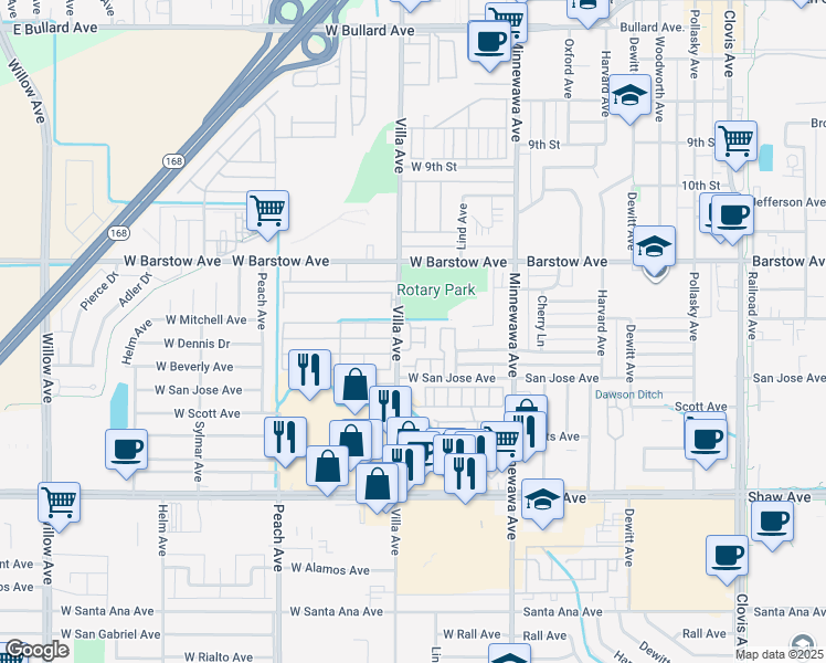 map of restaurants, bars, coffee shops, grocery stores, and more near 1462 Plymouth Rock Way in Clovis