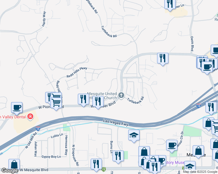 map of restaurants, bars, coffee shops, grocery stores, and more near 497 Fairways Drive in Mesquite