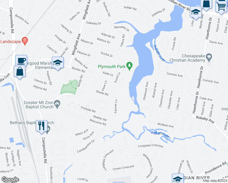 map of restaurants, bars, coffee shops, grocery stores, and more near 2018 Pond Lane in Chesapeake