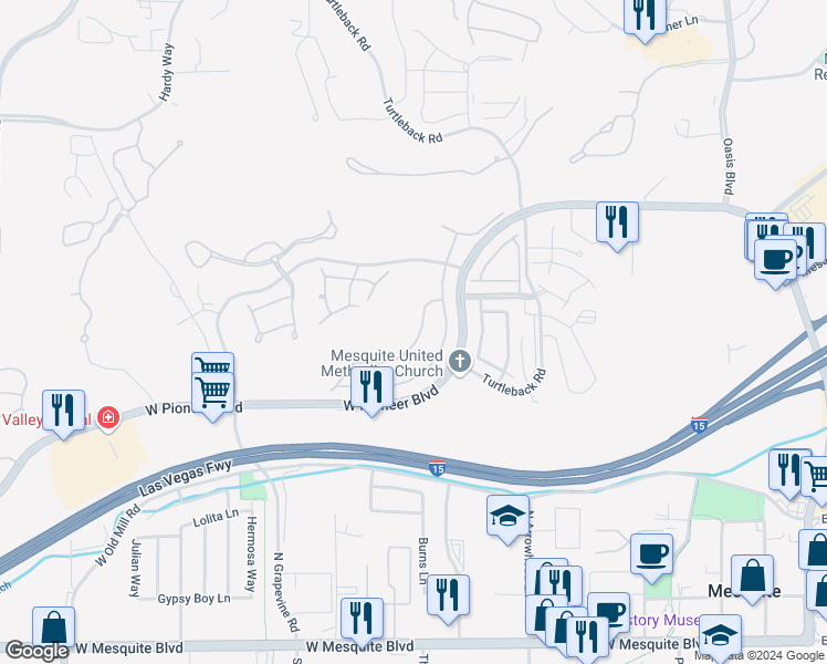 map of restaurants, bars, coffee shops, grocery stores, and more near 497 Fairways Drive in Mesquite