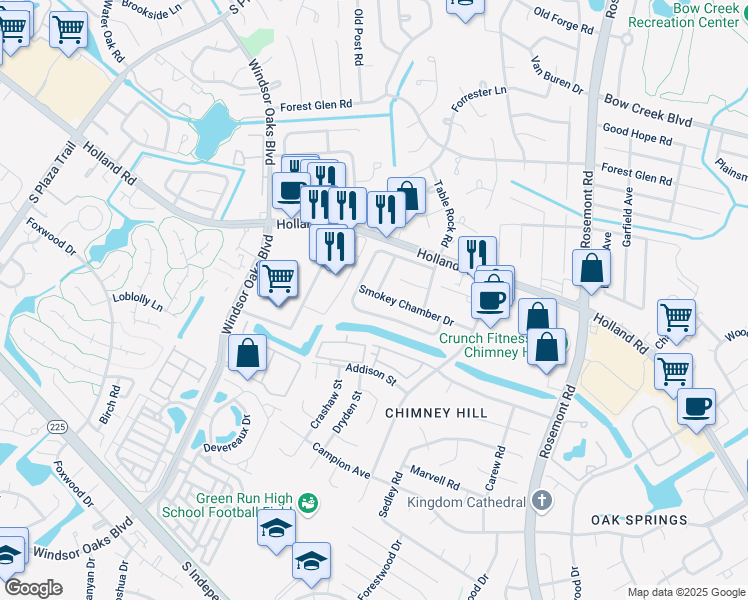 map of restaurants, bars, coffee shops, grocery stores, and more near 3804 Chimney Creek Drive in Virginia Beach