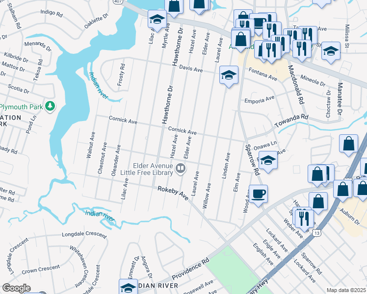 map of restaurants, bars, coffee shops, grocery stores, and more near 1432 Hazel Avenue in Chesapeake