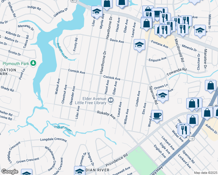 map of restaurants, bars, coffee shops, grocery stores, and more near 1432 Hazel Avenue in Chesapeake