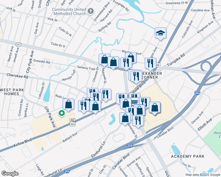 map of restaurants, bars, coffee shops, grocery stores, and more near 2604 Airline Boulevard in Portsmouth