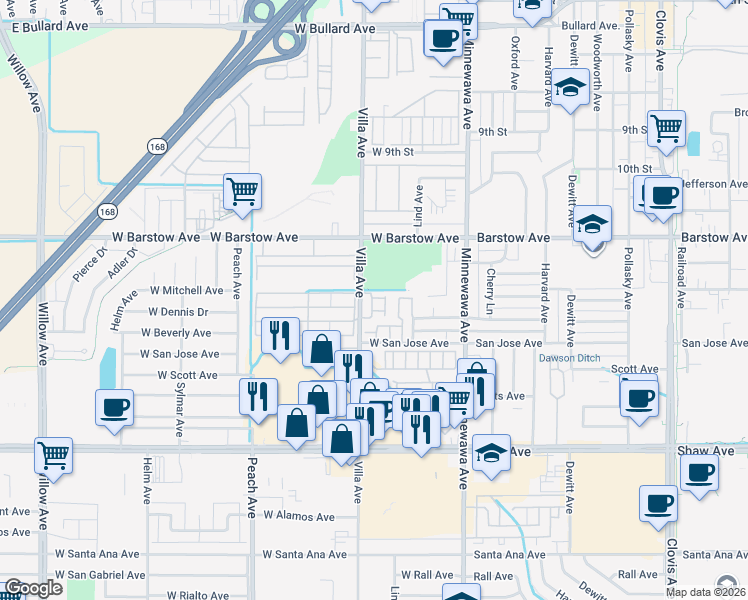 map of restaurants, bars, coffee shops, grocery stores, and more near 1462 Plymouth Rock Way in Clovis