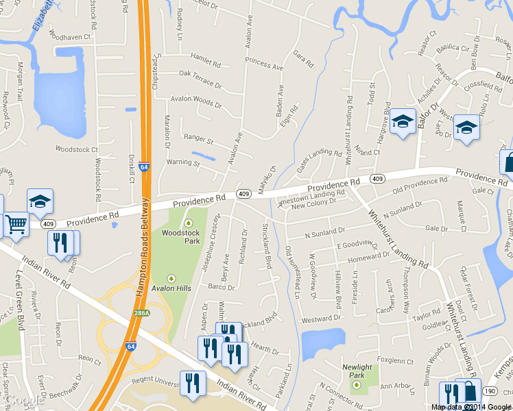 map of restaurants, bars, coffee shops, grocery stores, and more near 5629 Old Providence Road in Virginia Beach