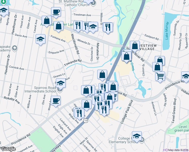 map of restaurants, bars, coffee shops, grocery stores, and more near 2954 Queen City Road in Virginia Beach