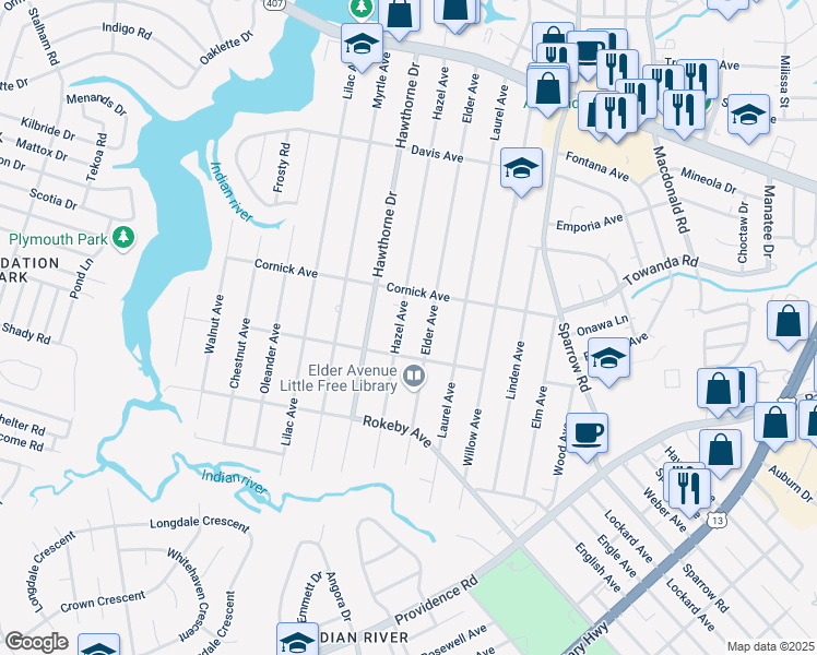 map of restaurants, bars, coffee shops, grocery stores, and more near 1432 Hazel Avenue in Chesapeake