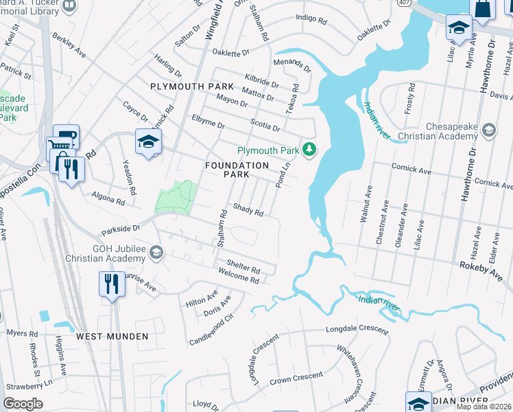map of restaurants, bars, coffee shops, grocery stores, and more near 3008 Parkside Drive in Chesapeake