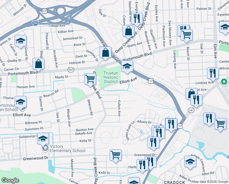 map of restaurants, bars, coffee shops, grocery stores, and more near 3506 Fulton Avenue in Portsmouth