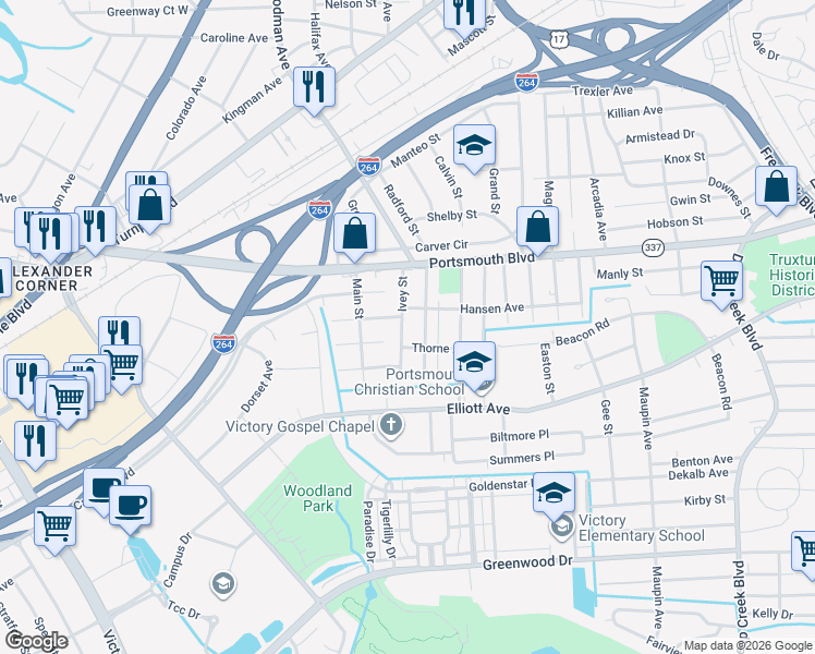 map of restaurants, bars, coffee shops, grocery stores, and more near 210 Ivey Street in Portsmouth