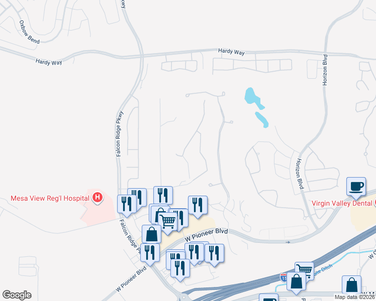 map of restaurants, bars, coffee shops, grocery stores, and more near 454 Highland View Court in Mesquite
