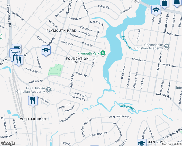 map of restaurants, bars, coffee shops, grocery stores, and more near 2100 Farmer Lane in Chesapeake