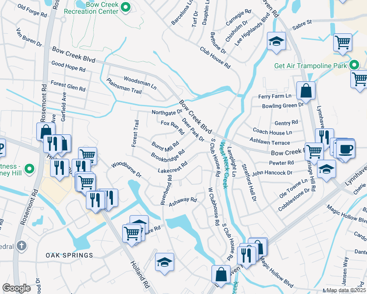 map of restaurants, bars, coffee shops, grocery stores, and more near 3220 Brookbridge Road in Virginia Beach