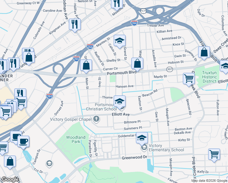 map of restaurants, bars, coffee shops, grocery stores, and more near 213 Woodstock Street in Portsmouth