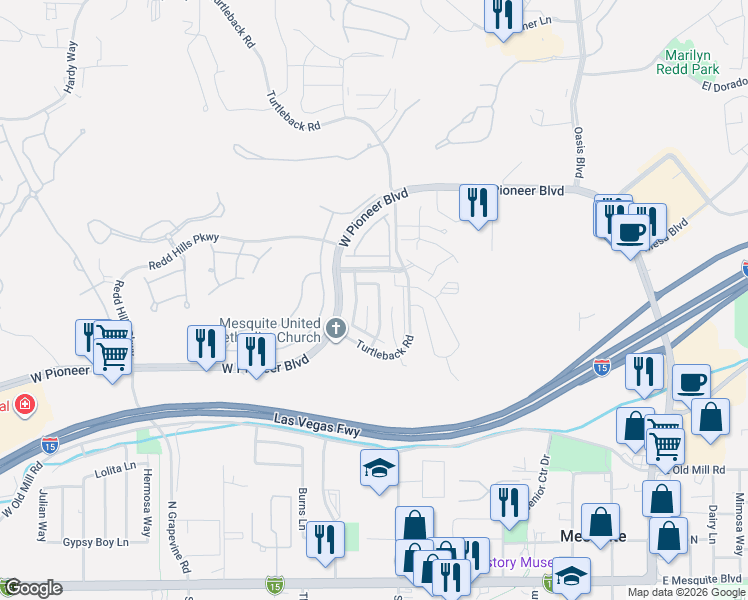 map of restaurants, bars, coffee shops, grocery stores, and more near 471 Canyon Way in Mesquite