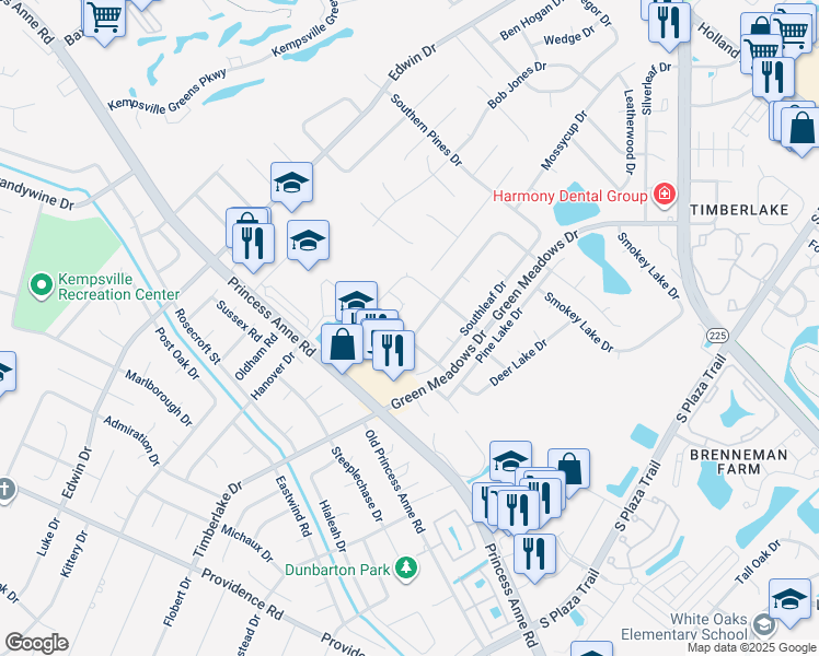 map of restaurants, bars, coffee shops, grocery stores, and more near 781 Pinebrook Drive in Virginia Beach