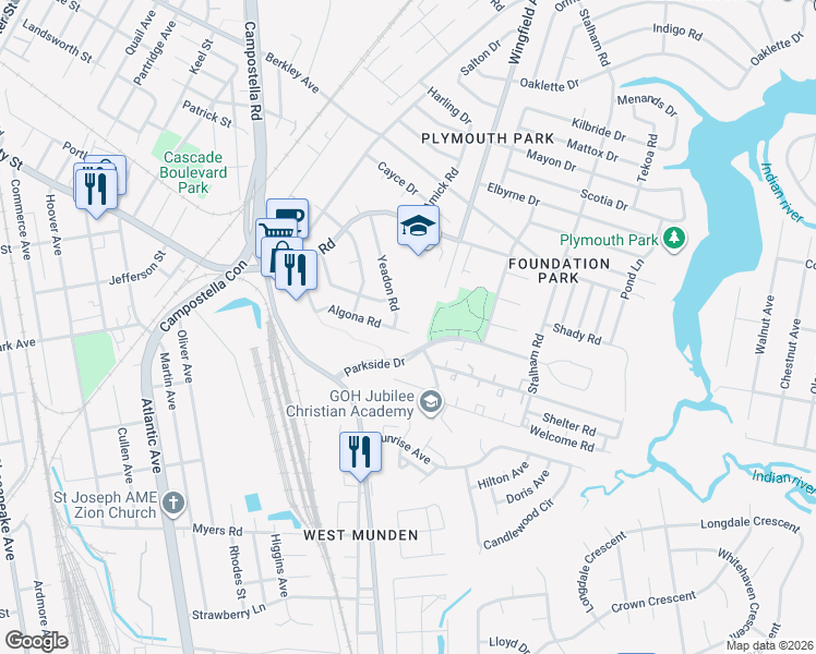 map of restaurants, bars, coffee shops, grocery stores, and more near 1404 Algona Road in Chesapeake