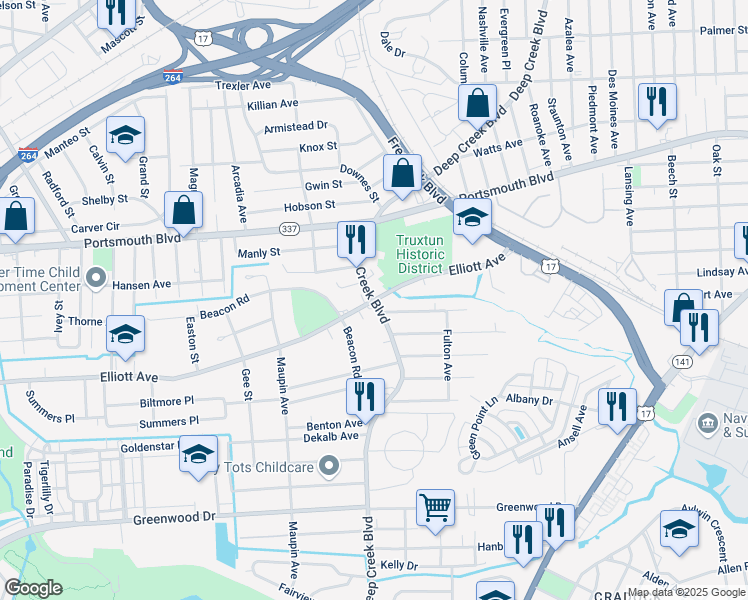 map of restaurants, bars, coffee shops, grocery stores, and more near Deep Creek Blvd & Elliott Ave in Portsmouth