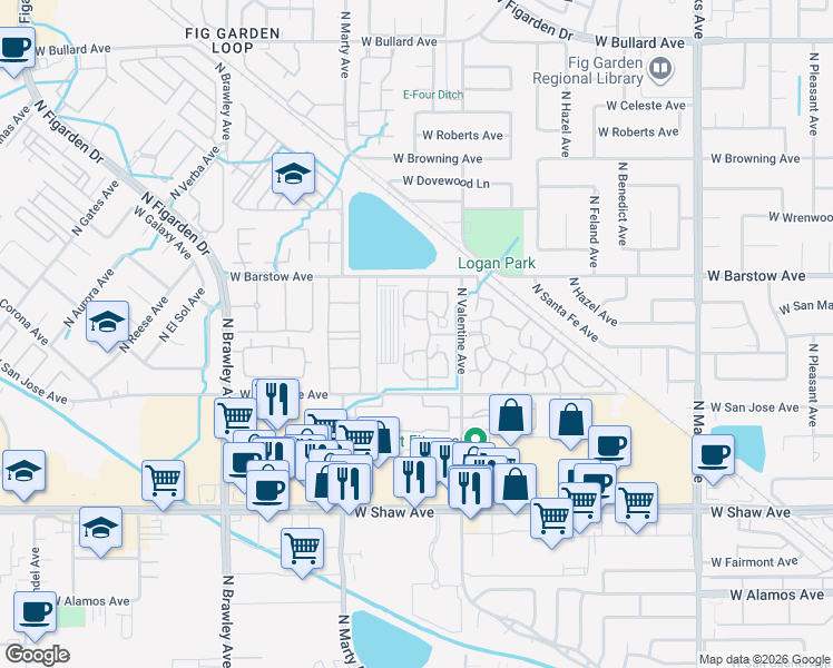 map of restaurants, bars, coffee shops, grocery stores, and more near 5323 North Valentine Avenue in Fresno