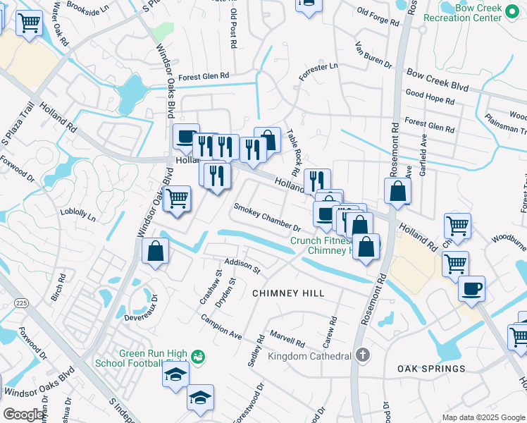 map of restaurants, bars, coffee shops, grocery stores, and more near 3845 Chimney Creek Drive in Virginia Beach