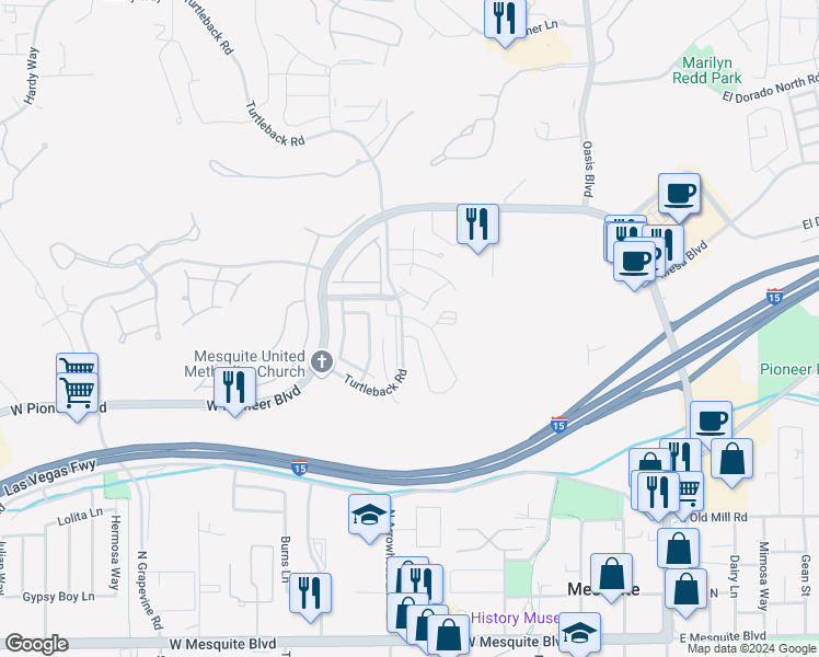 map of restaurants, bars, coffee shops, grocery stores, and more near 441 Turtleback Road in Mesquite