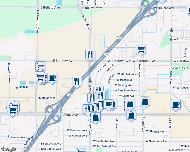map of restaurants, bars, coffee shops, grocery stores, and more near 1509 Willow Avenue in Clovis