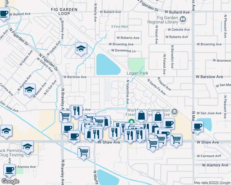 map of restaurants, bars, coffee shops, grocery stores, and more near 5323 North Valentine Avenue in Fresno
