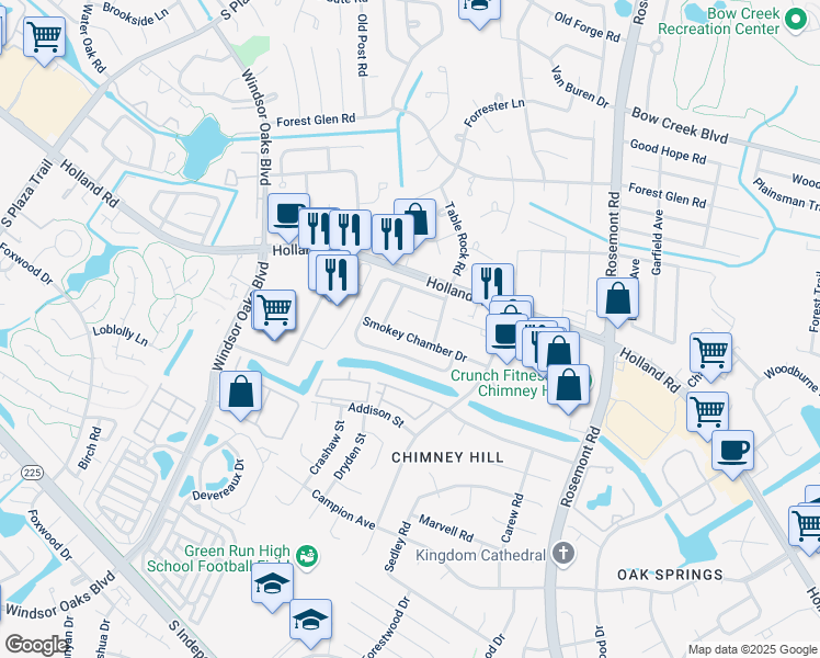 map of restaurants, bars, coffee shops, grocery stores, and more near 3845 Chimney Creek Drive in Virginia Beach