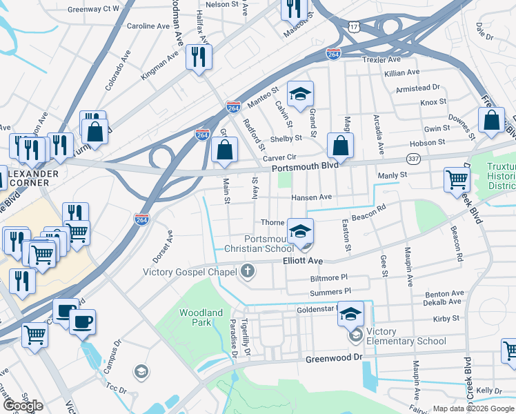 map of restaurants, bars, coffee shops, grocery stores, and more near 210 Ivey Street in Portsmouth