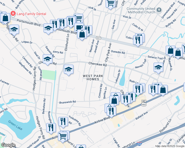 map of restaurants, bars, coffee shops, grocery stores, and more near 1201 Jewell Avenue in Portsmouth