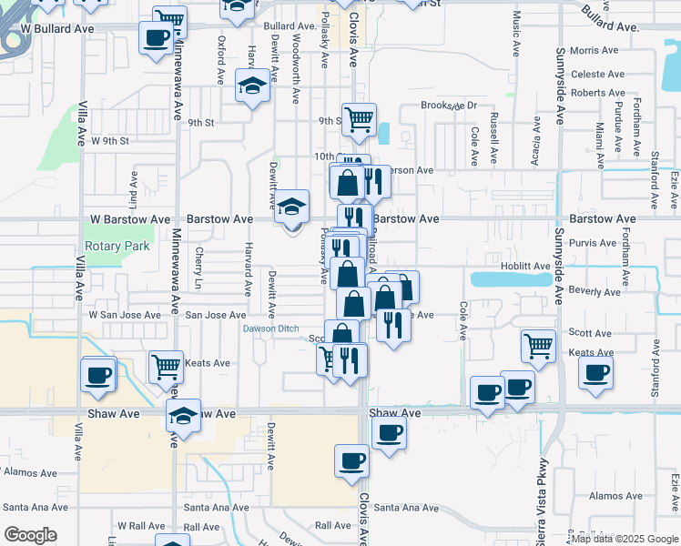 map of restaurants, bars, coffee shops, grocery stores, and more near 1507 Pollasky Avenue in Clovis