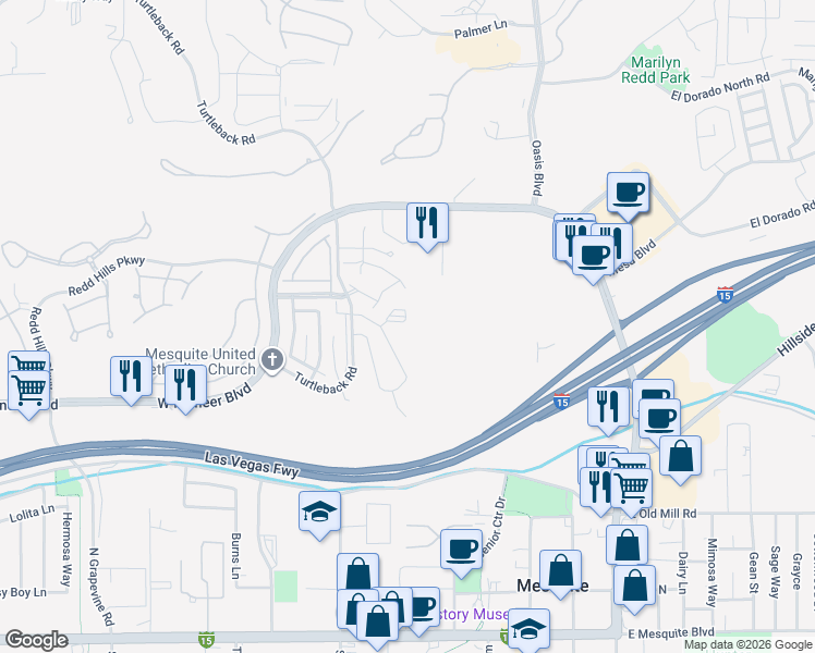map of restaurants, bars, coffee shops, grocery stores, and more near 299 Haley Way in Mesquite