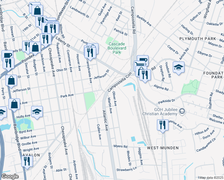 map of restaurants, bars, coffee shops, grocery stores, and more near 1401 Oliver Avenue in Chesapeake