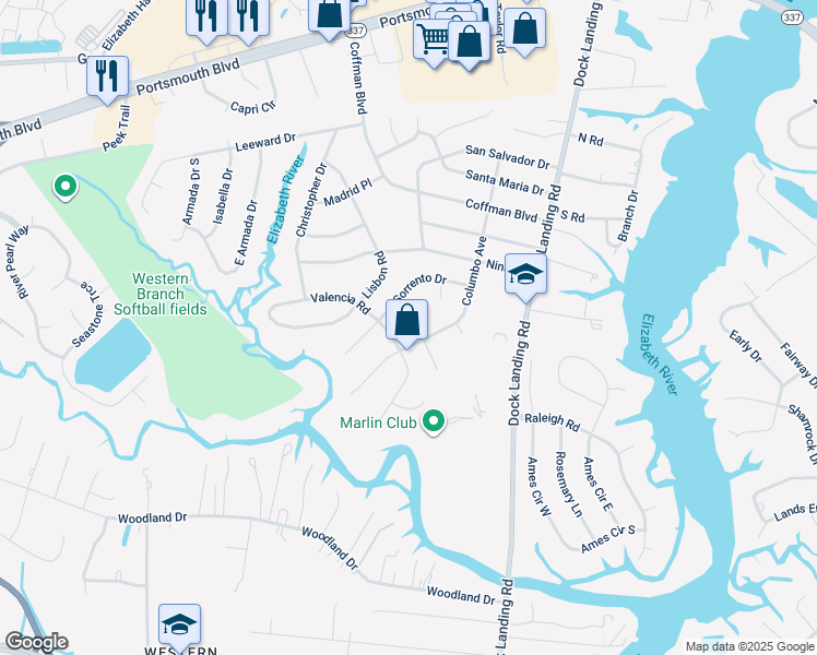 map of restaurants, bars, coffee shops, grocery stores, and more near 4004 Monterey Court in Chesapeake
