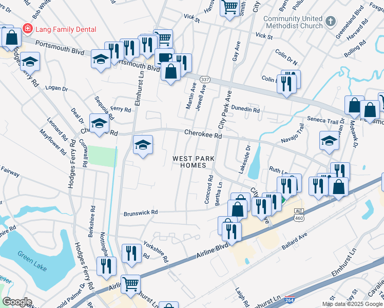 map of restaurants, bars, coffee shops, grocery stores, and more near 1104 Jewell Avenue in Portsmouth