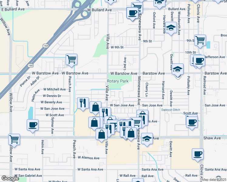 map of restaurants, bars, coffee shops, grocery stores, and more near 1417 Plymouth Rock Way in Clovis