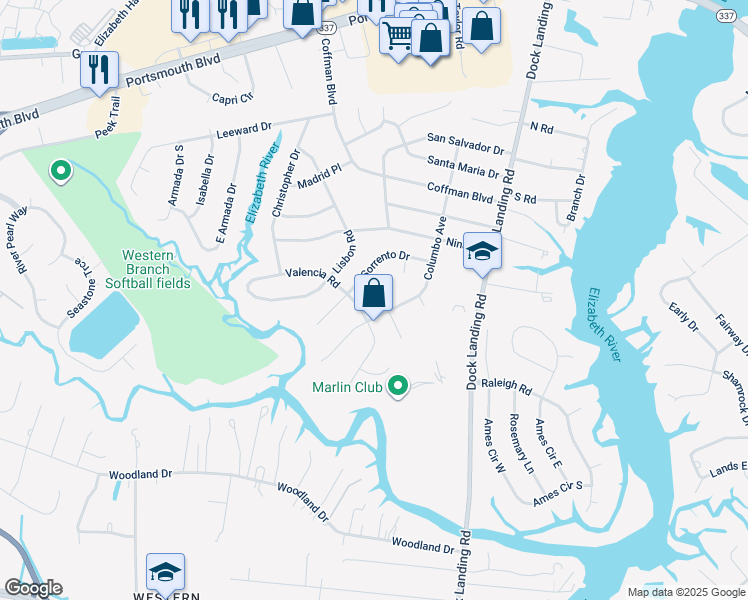 map of restaurants, bars, coffee shops, grocery stores, and more near 4004 Monterey Court in Chesapeake