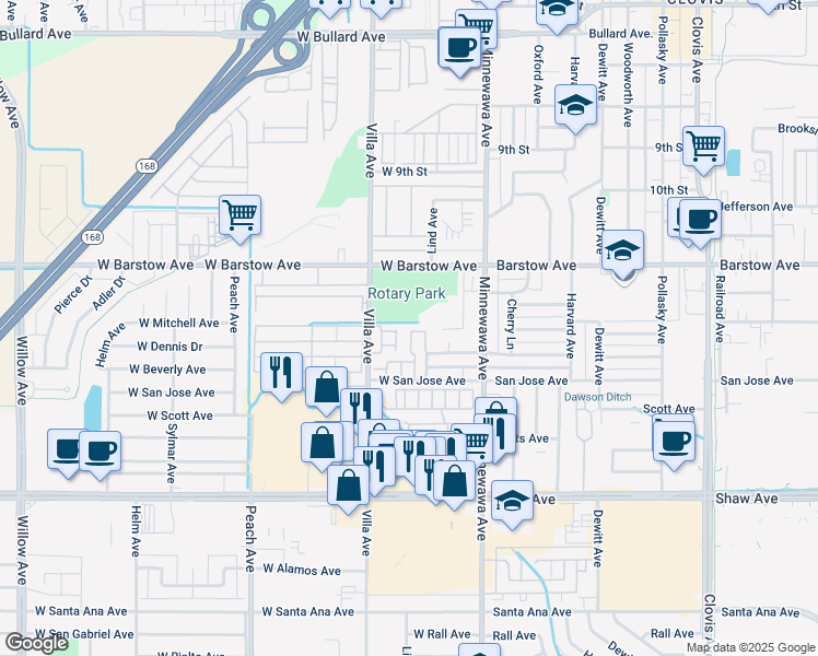 map of restaurants, bars, coffee shops, grocery stores, and more near 1450 Mayflower Way in Clovis