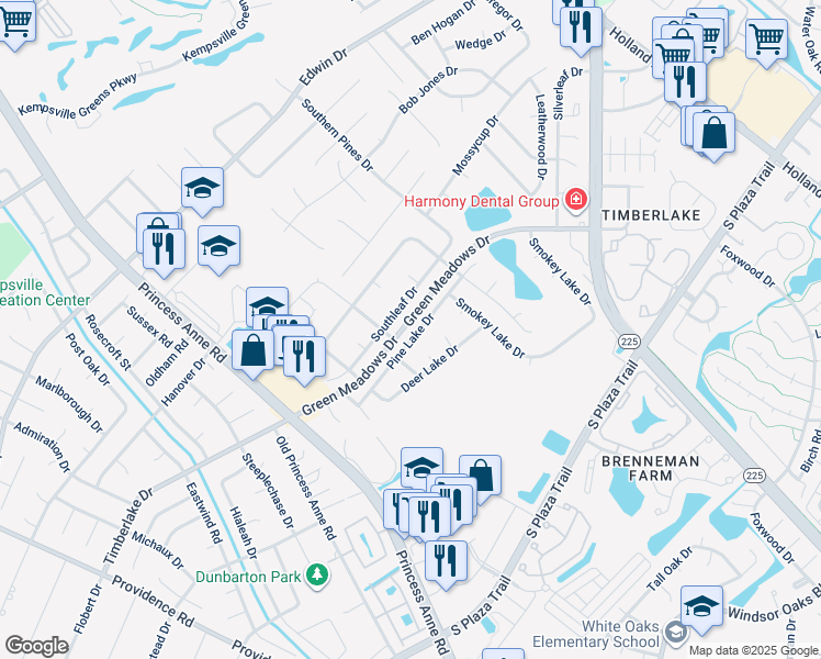 map of restaurants, bars, coffee shops, grocery stores, and more near 737 Pine Lake Drive in Virginia Beach