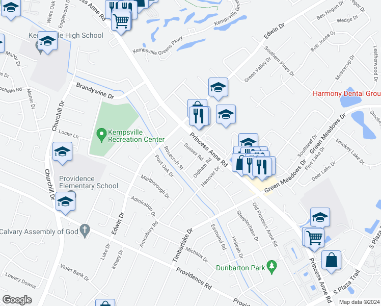 map of restaurants, bars, coffee shops, grocery stores, and more near 4735 Sussex Road in Virginia Beach