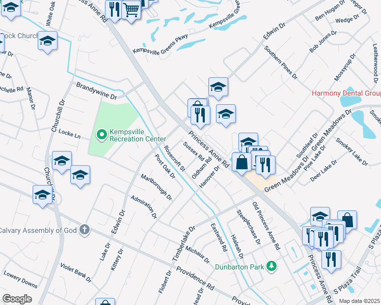 map of restaurants, bars, coffee shops, grocery stores, and more near 4735 Sussex Road in Virginia Beach